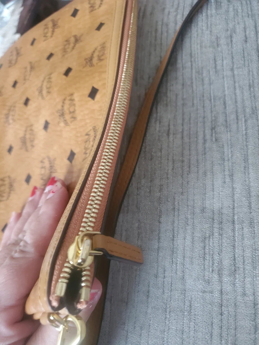 MCM Authentic Leather Cognac Visetos Logo Zip Pouch Shoulder Bag Like New